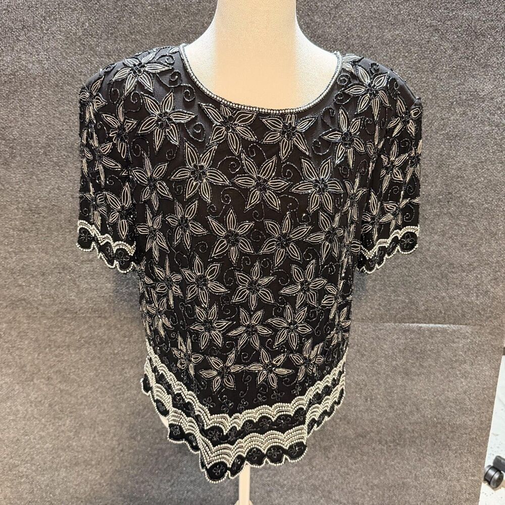 Vintage Papell Boutique Evening Blouse Women XL Black Beaded Floral Short Sleeve